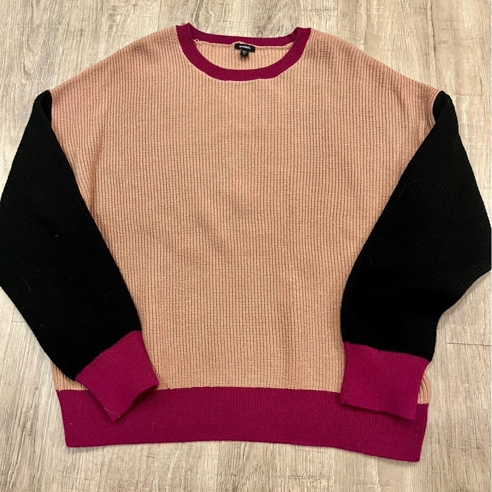 Express Oversized Color Block Sweater Medium Tan Pink Raspberry Black - Picture 3 of 13